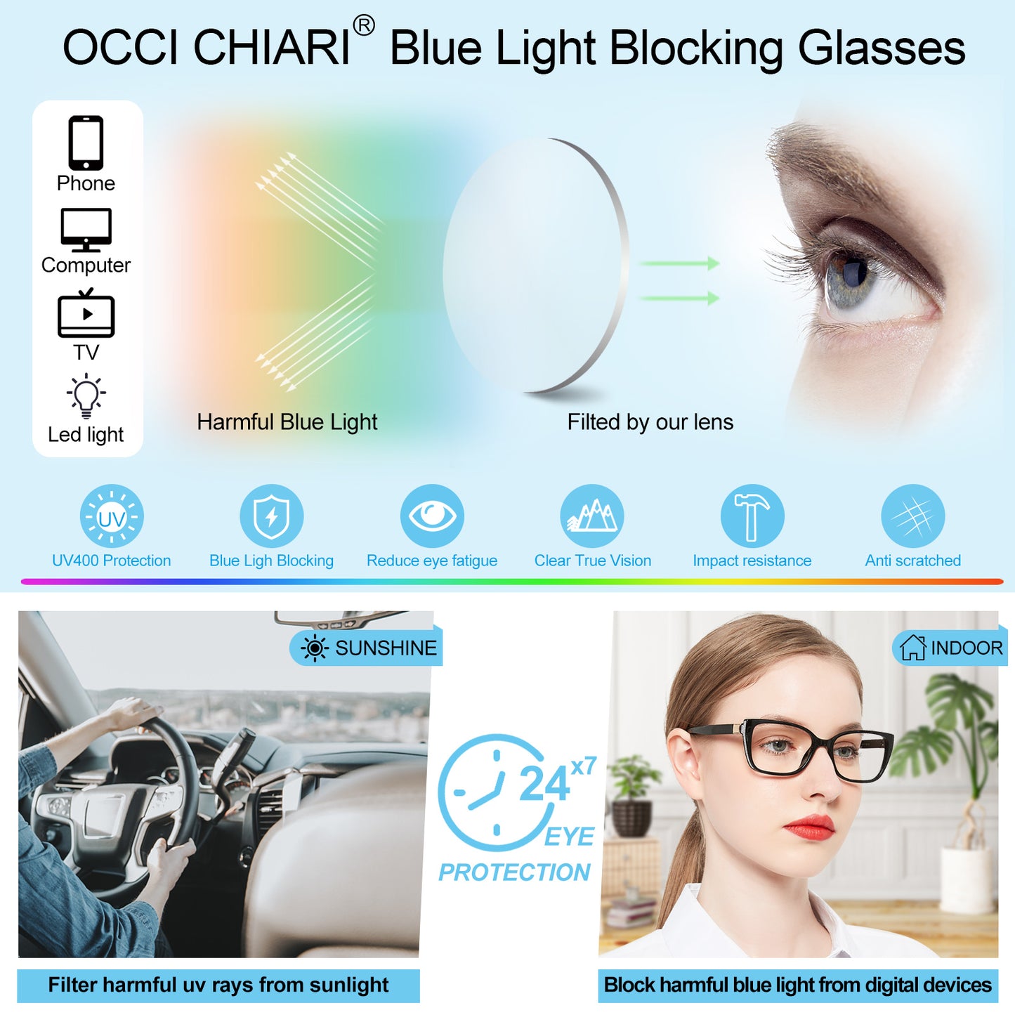 OCCI CHIARI Progressive Bifocal Reading Glasses for Women Transition Multifocal Readers  Blue Blocker OC5117JJ
