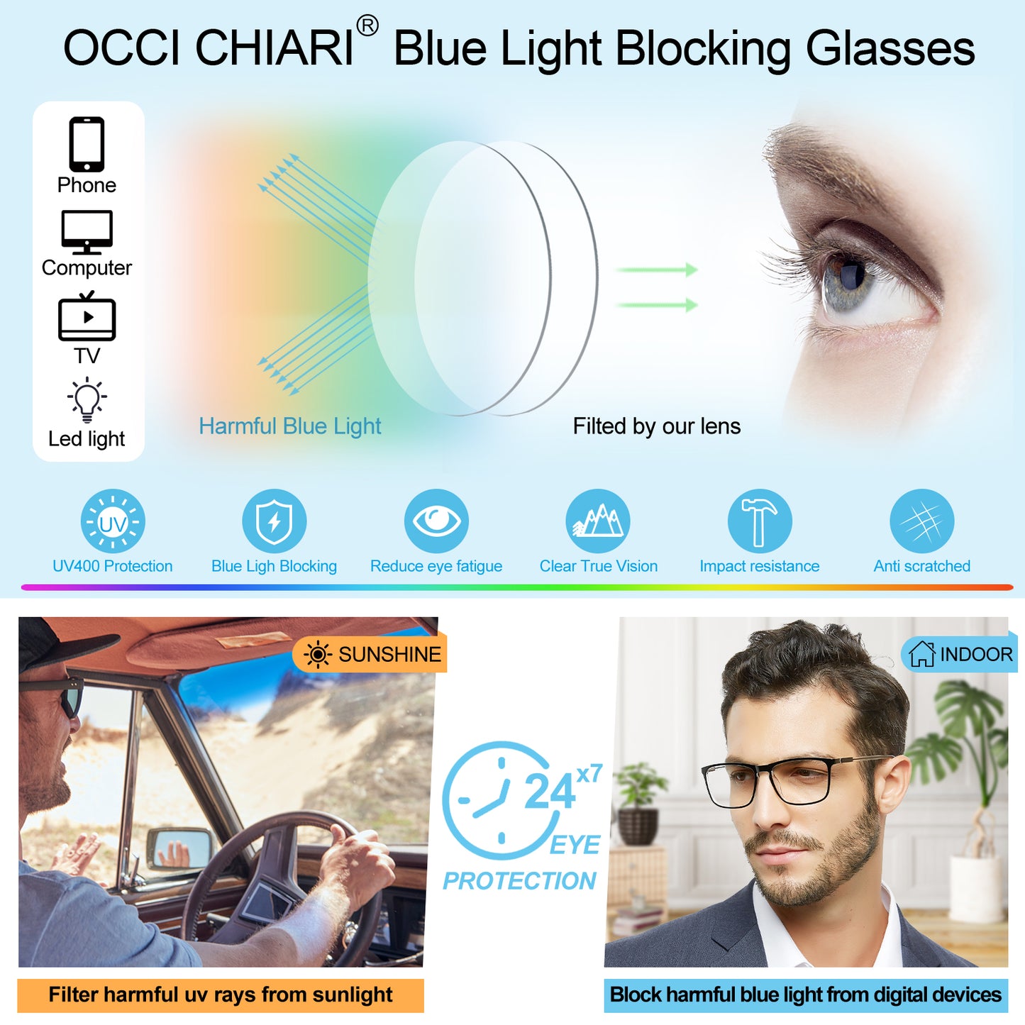 OCCI CHIARI Wide Bifocal Reading Glasses for Men Transition Blue Blocker Readers OC5026BB