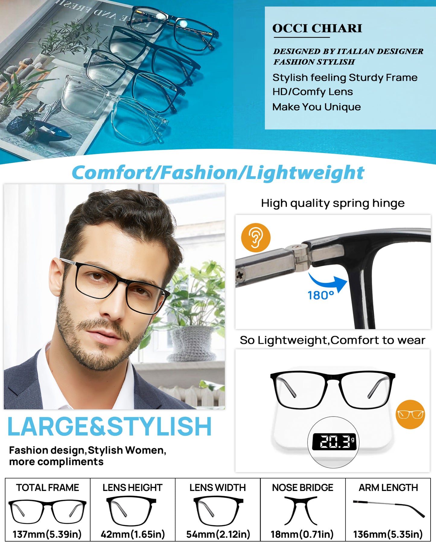 OCCI CHIARI Wide Bifocal Reading Glasses for Men Transition Blue Blocker Readers OC5026BB