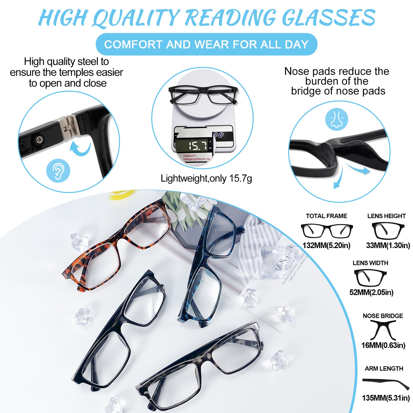 OCCI CHIARI Blue Light Reading Glasses Men Anti Glare Computer Readers for Big Head ABL5030