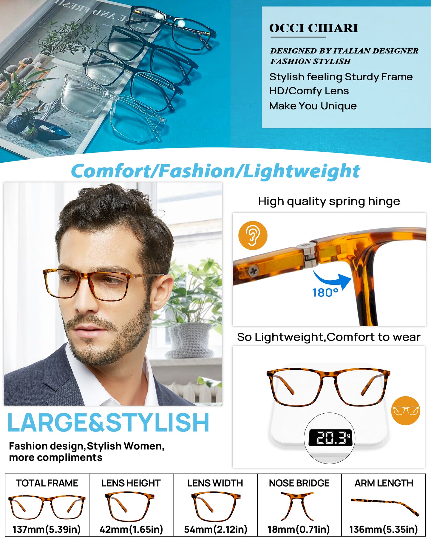 OCCI CHIARI Wide Bifocal Reading Glasses for Men Transition Blue Blocker Readers OC5026BB