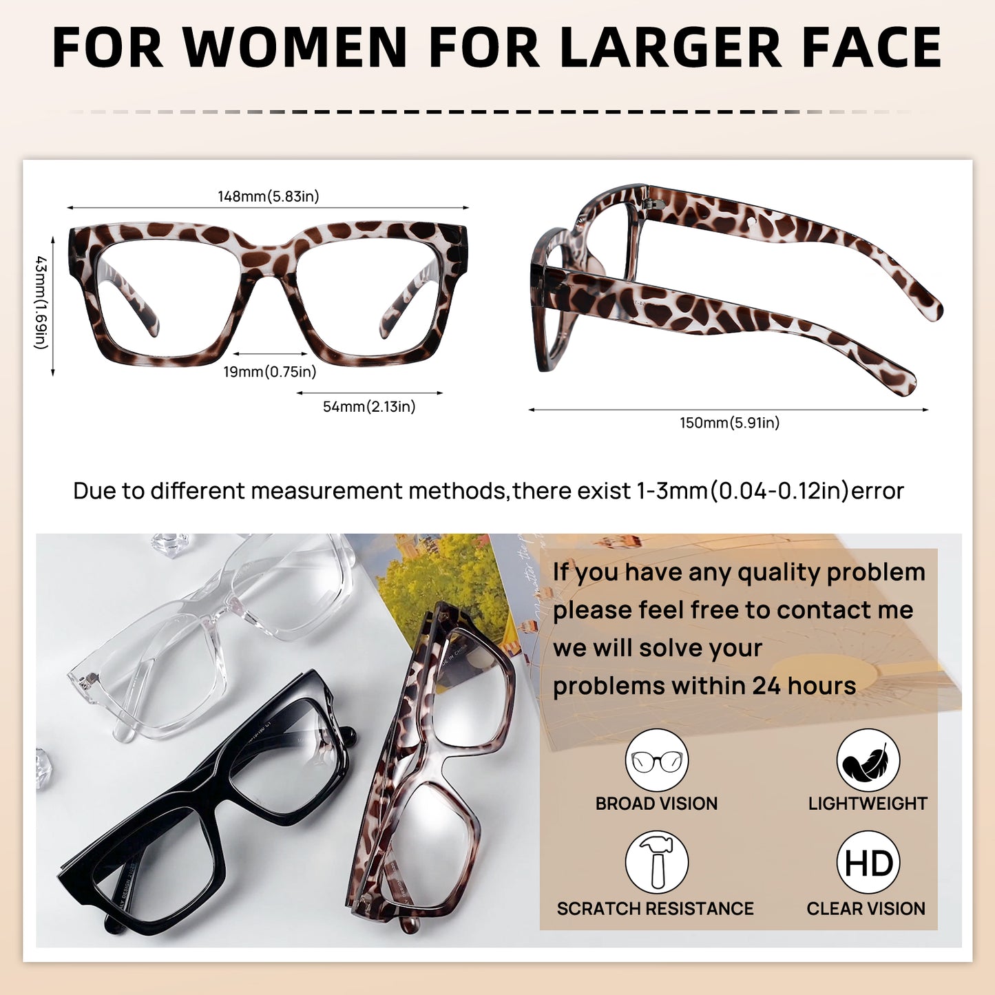 OCCI CHIARI Large Frame Reading Glasses for Women Retro Square Readers OC5078