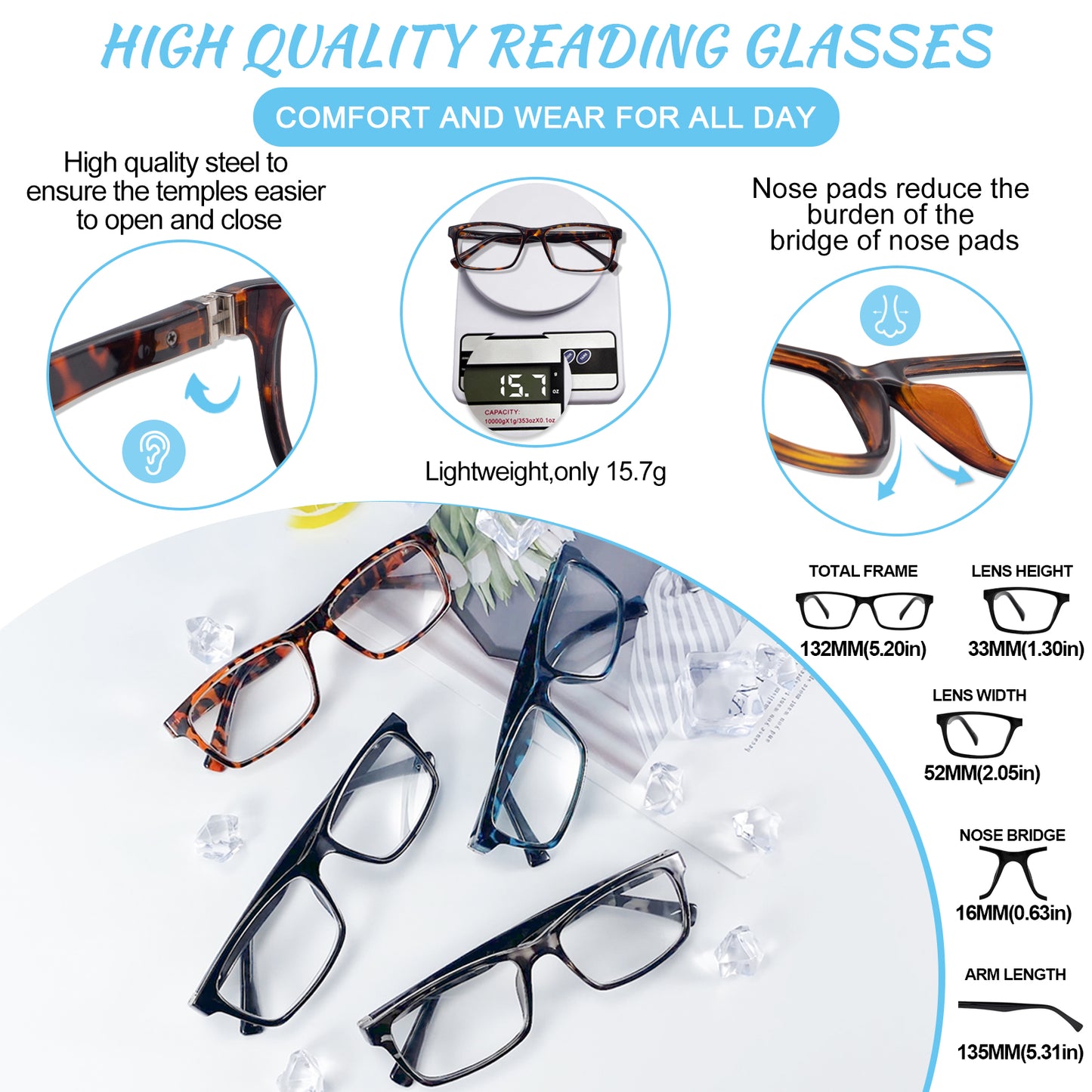 OCCI CHIARI Blue Light Reading Glasses Men Anti Glare Computer Readers for Big Head ABL5030