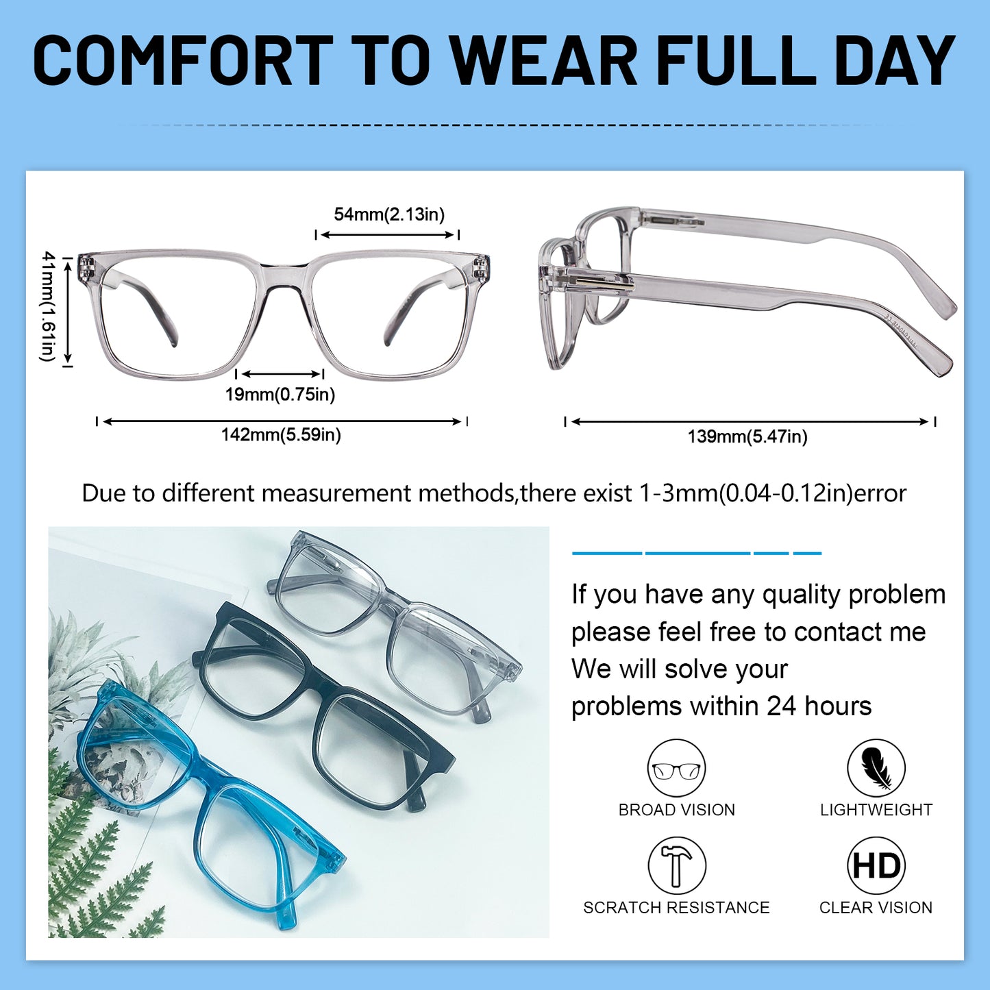 OCCI CHIARI Mens +1.00 Reading Glasses for Big Head Stylish Square Readers OC5284