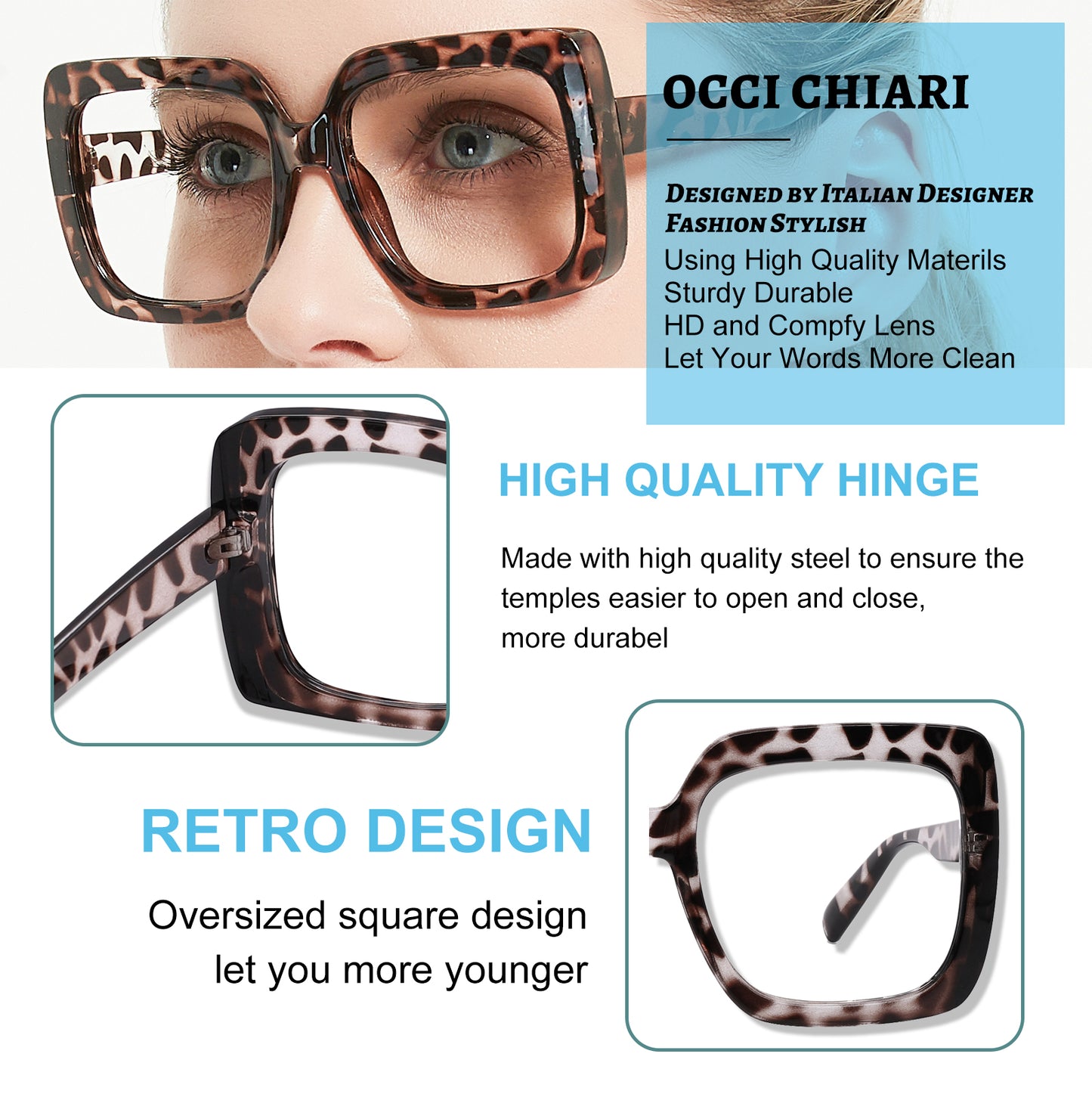 OCCI CHIARI Large Oversized Bifocal Reading Glasses Women Square Vintage readers OC5113BB