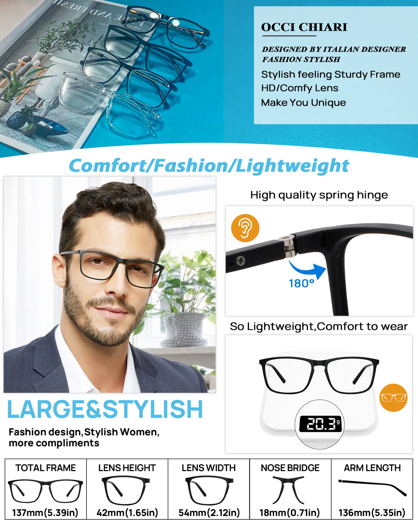 OCCI CHIARI Wide Bifocal Reading Glasses for Men Transition Blue Blocker Readers OC5026BB