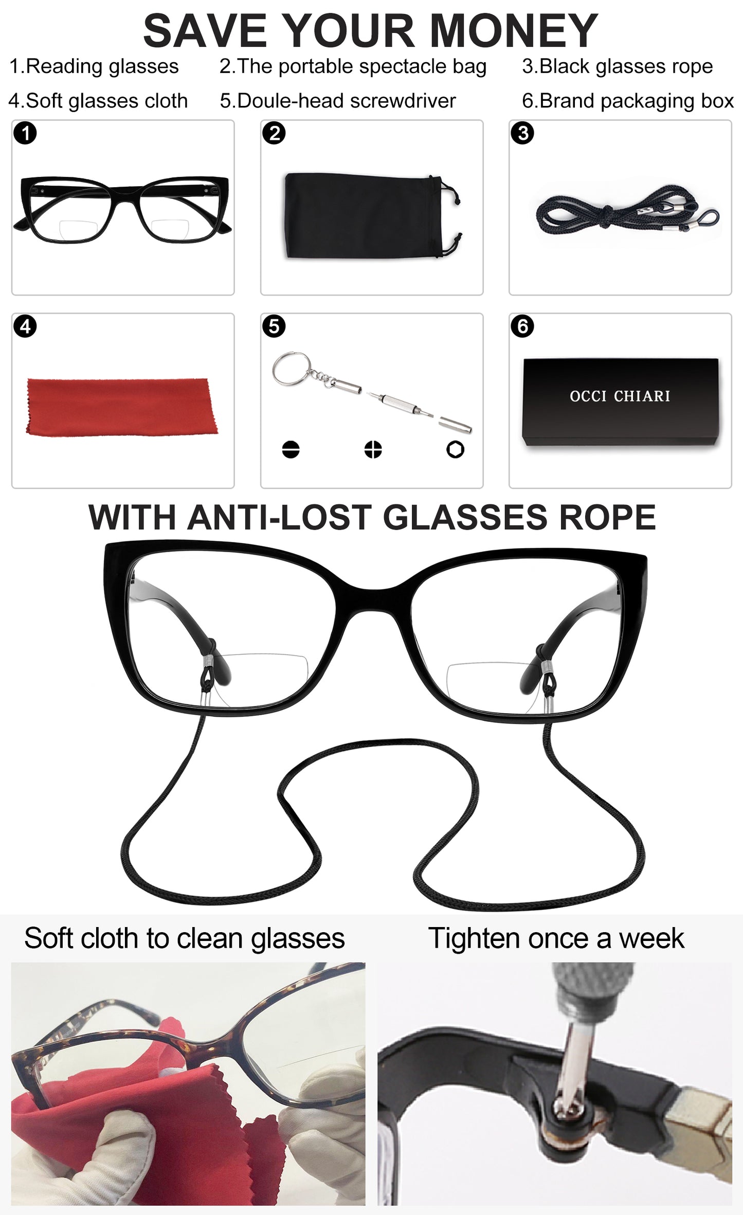 OCCI CHIARI Bifocal Reading Glasses Womens Blue light Blocking Readers OC5117BB