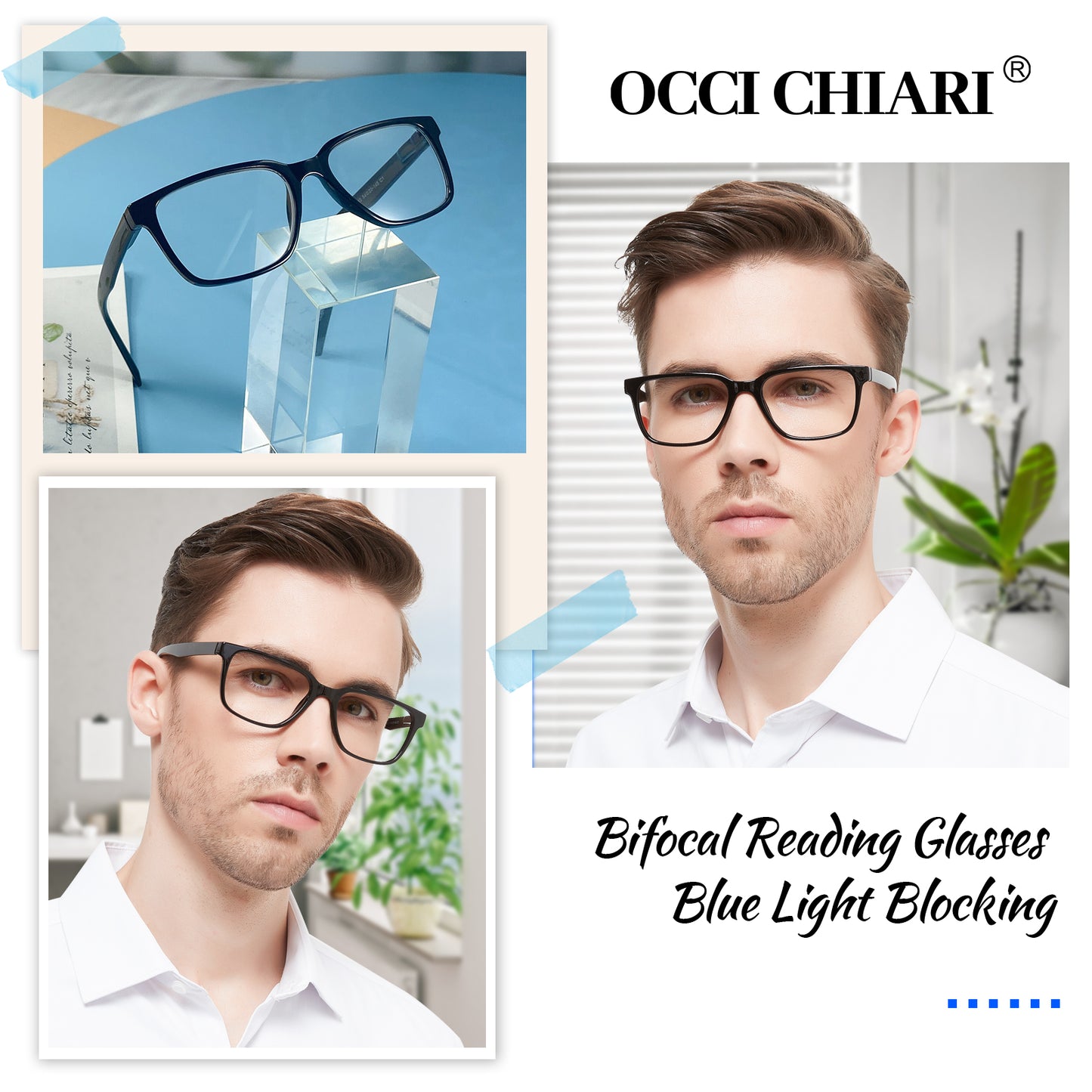 OCCI CHIARI Bifocals Reading Glasses for Men,Transition Square Eye Protection Readers OC5213BB