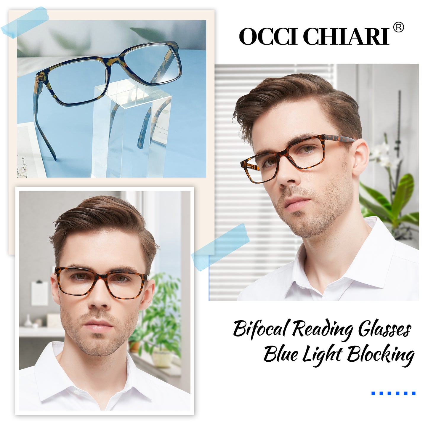OCCI CHIARI Bifocals Reading Glasses for Men,Transition Square Eye Protection Readers OC5213BB