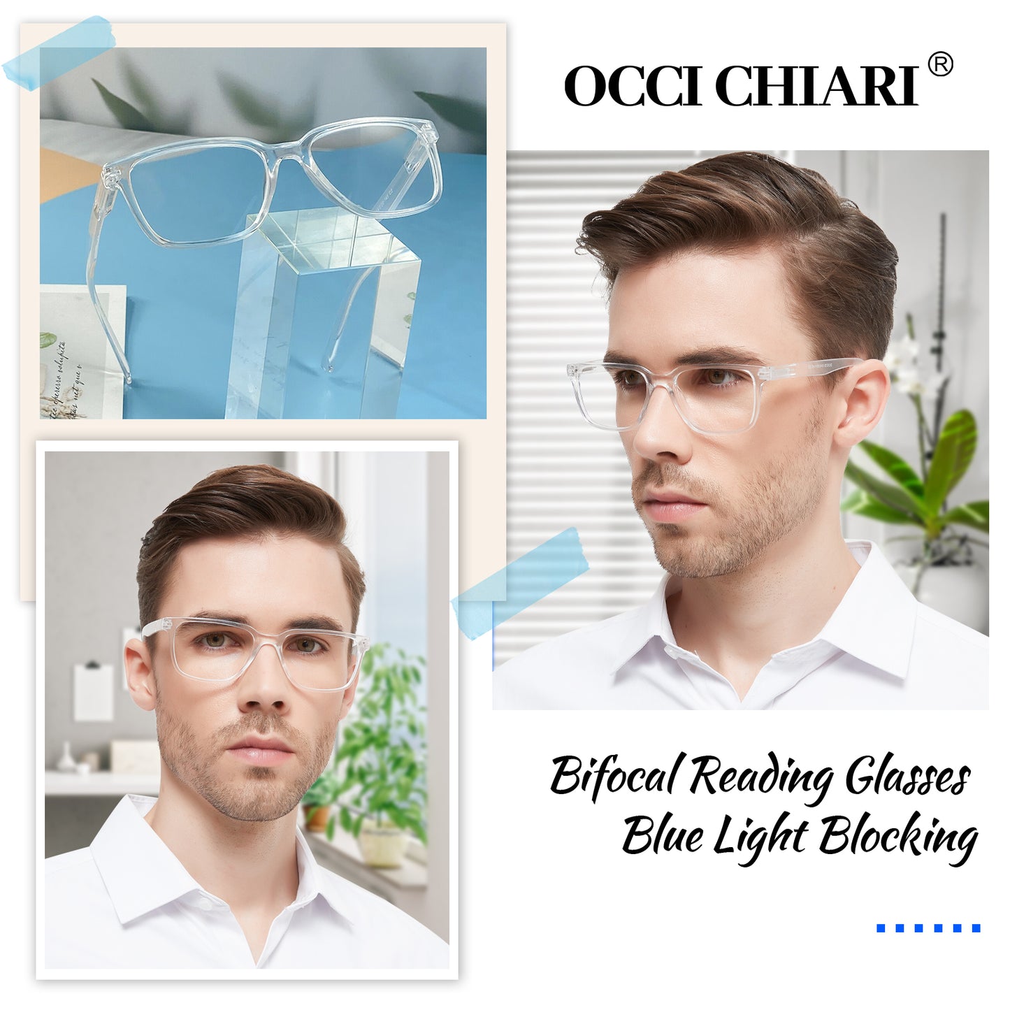OCCI CHIARI Bifocals Reading Glasses for Men,Transition Square Eye Protection Readers OC5213BB