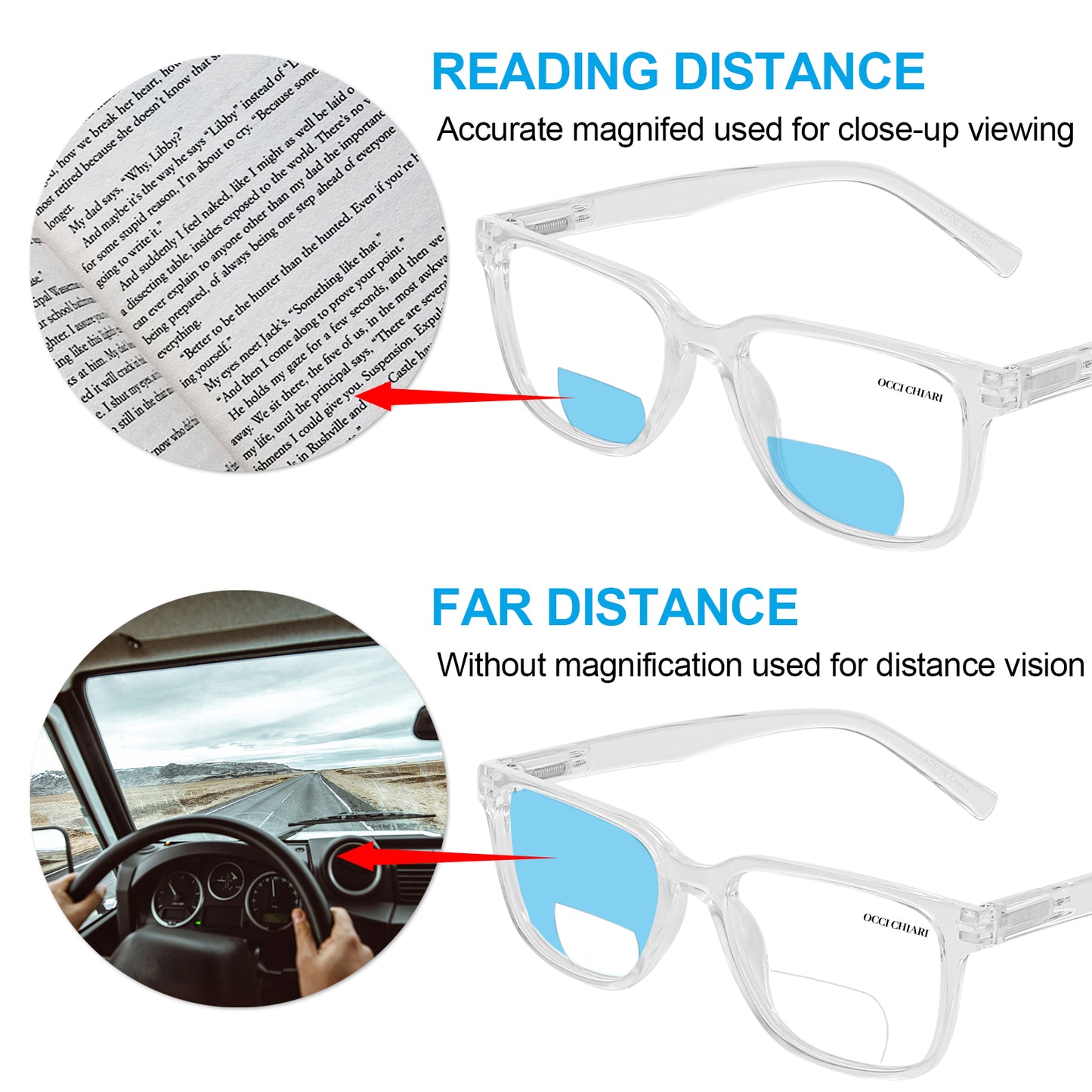 OCCI CHIARI Bifocals Reading Glasses for Men,Transition Square Eye Protection Readers OC5213BB