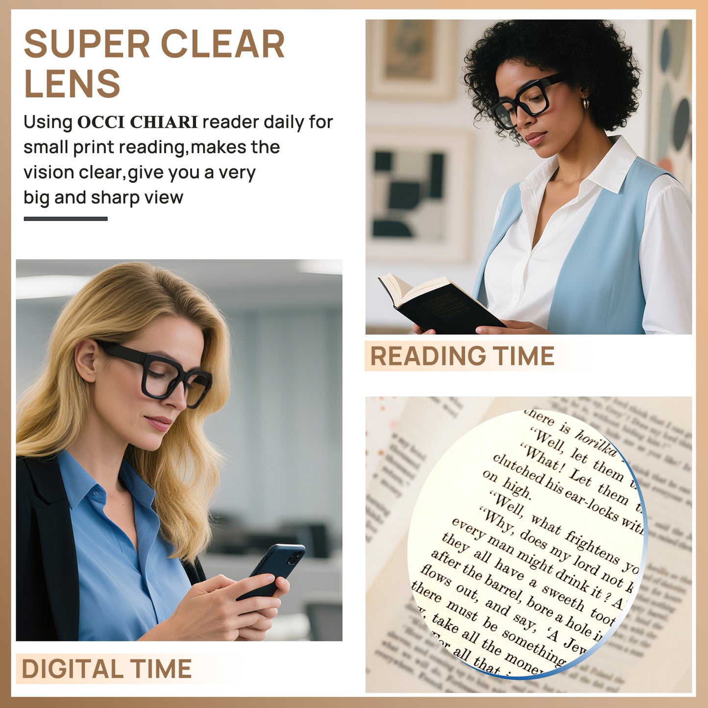 OCCI CHIARI Large Frame Reading Glasses for Women Retro Square Readers OC5078