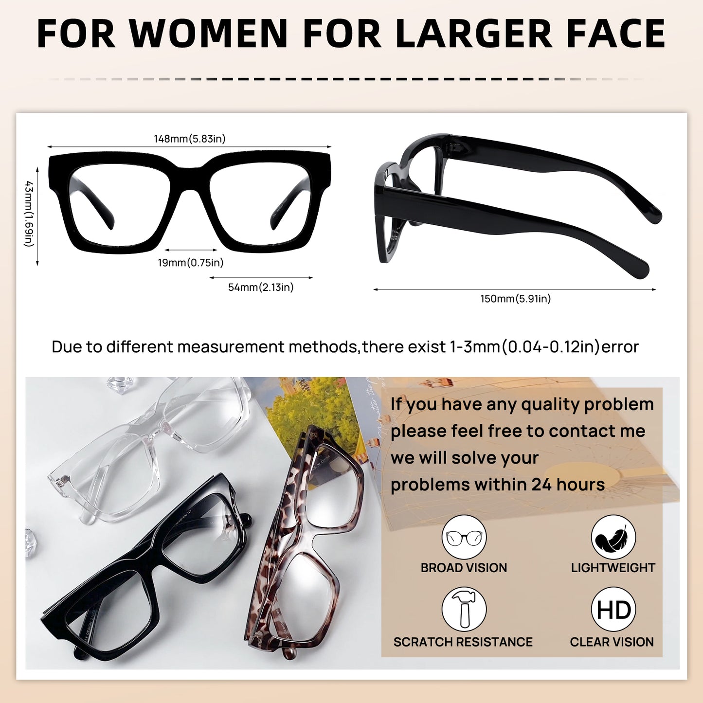 OCCI CHIARI Large Frame Reading Glasses for Women Retro Square Readers OC5078