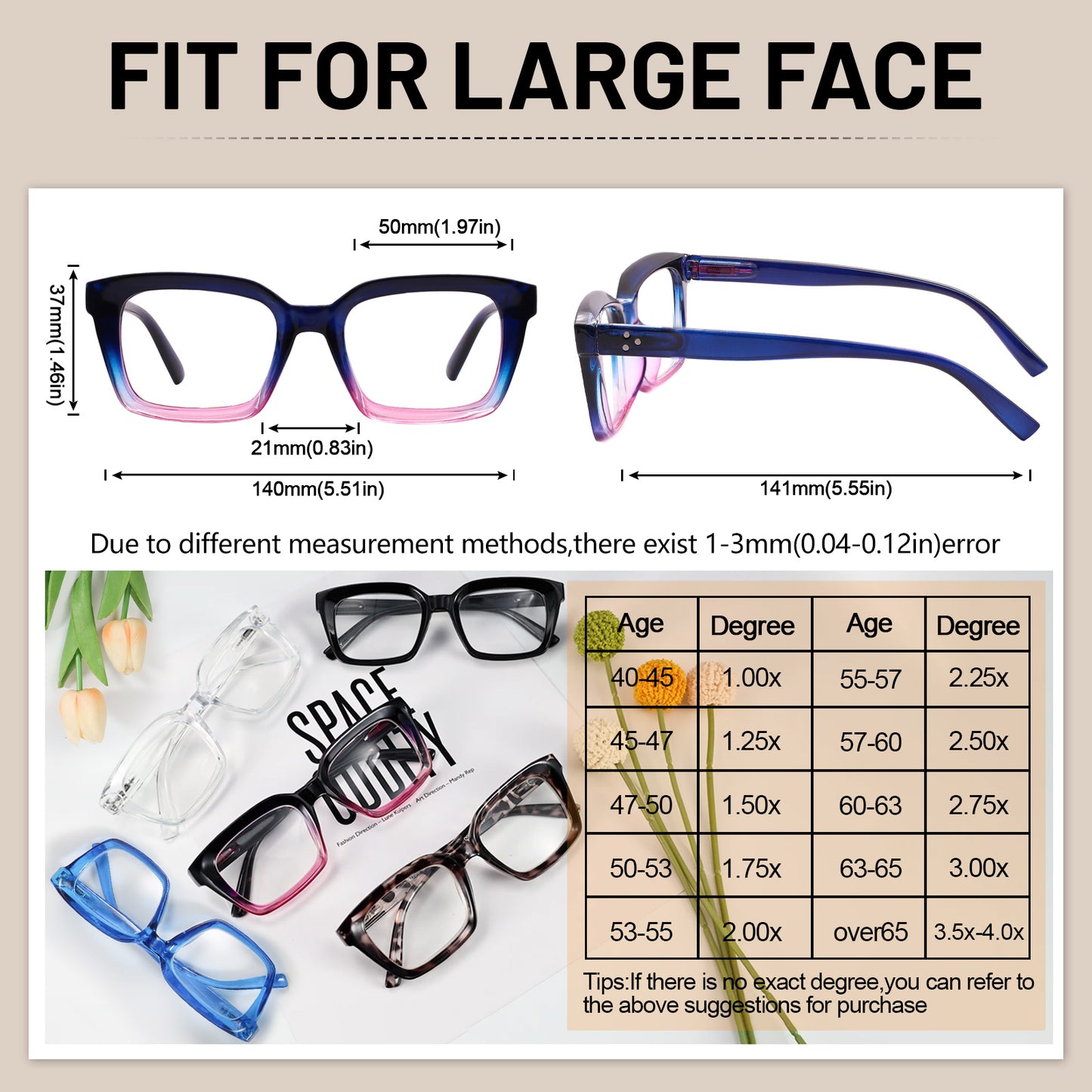 OCCI CHIARI Large Reading Glasses Women Square Reader Oversized Frame OC5031