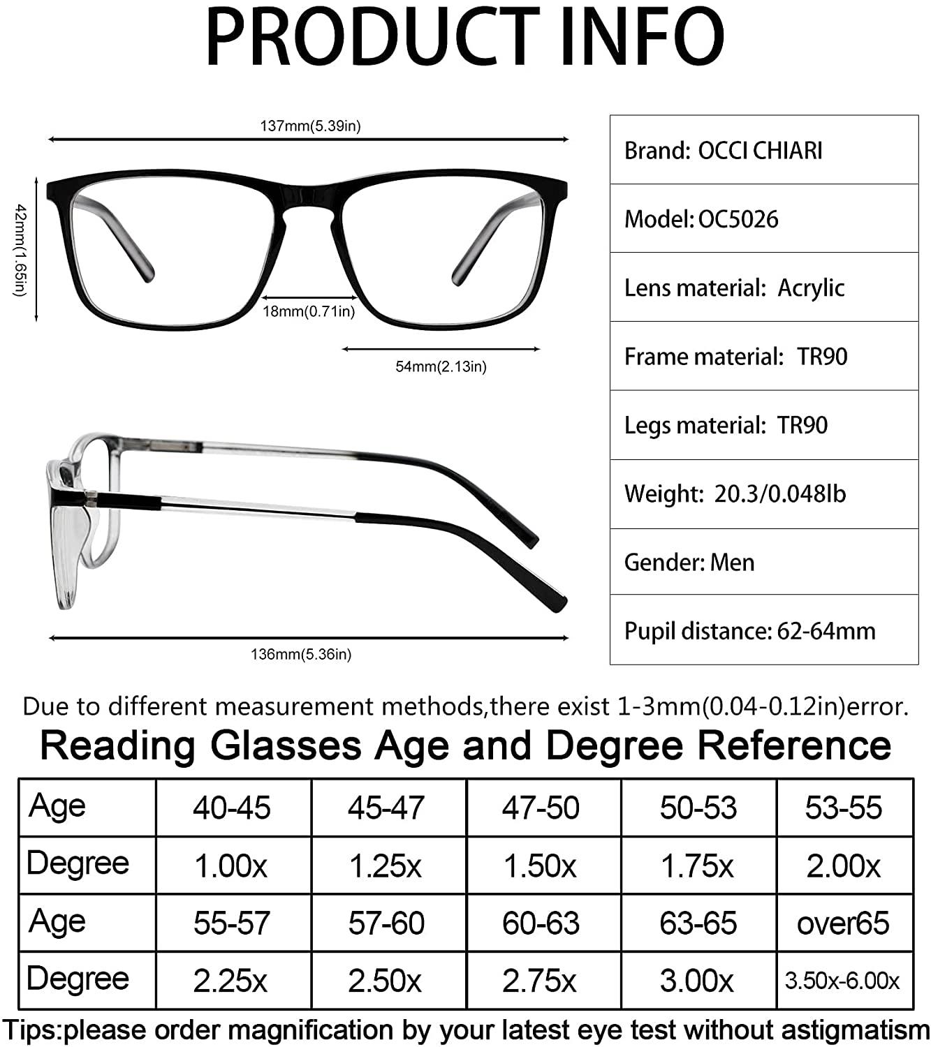 OCCI CHIARI Men’s Blue Light Blocking Reading Glasses(0.00-6.00) - Occichiari 