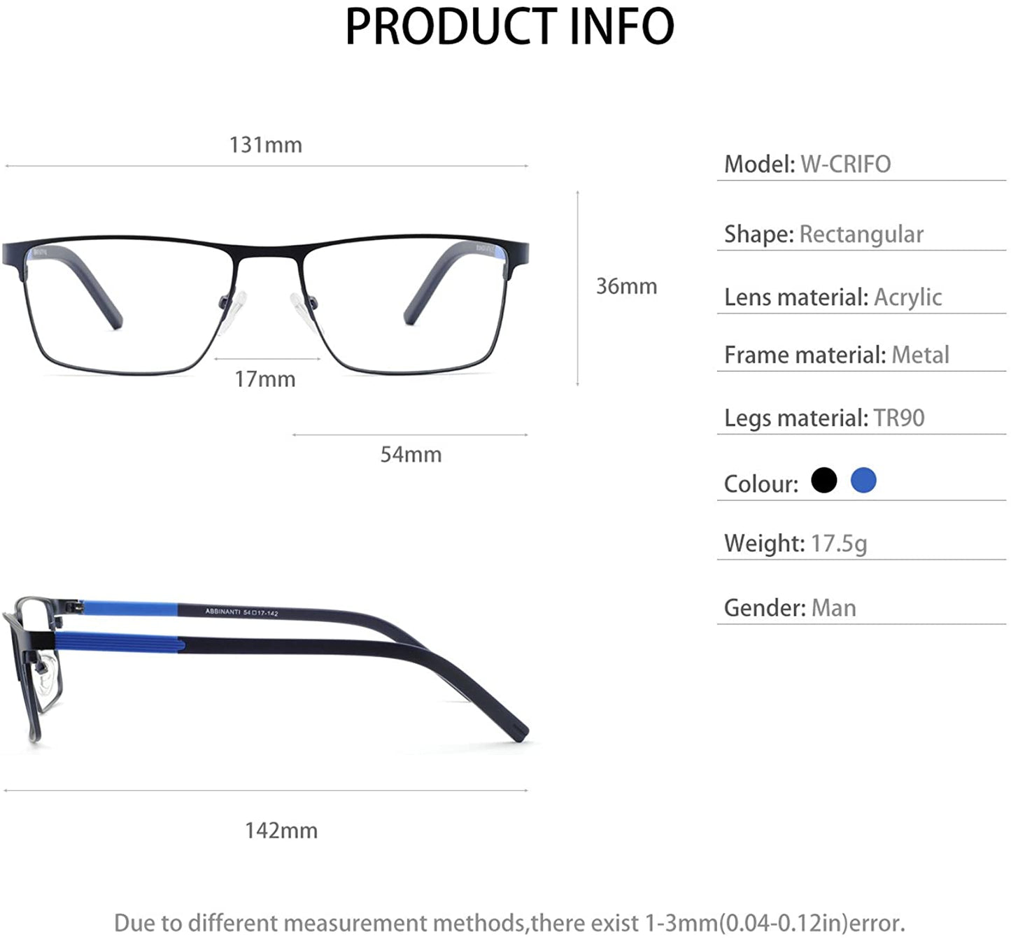 OCCI CHIARI Mens Rectangle Full-Rim Metal Black Prescription Clear Optical Glasses