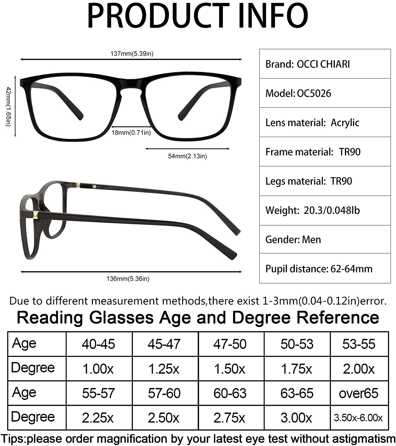 OCCI CHIARI Men’s Blue Light Blocking Reading Glasses ABL5026