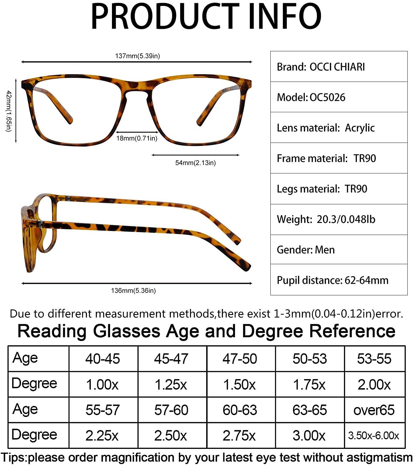 OCCI CHIARI Men’s Blue Light Blocking Reading Glasses(0.00-6.00) - Occichiari 