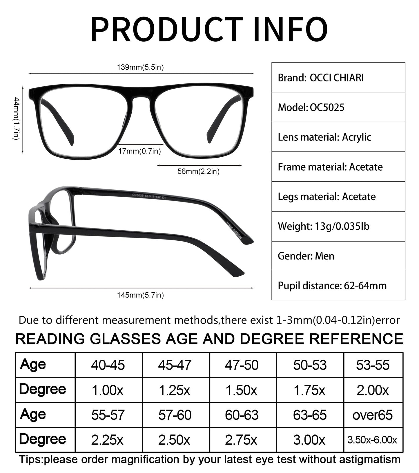 OCCI CHIARI Men's Oversized Fashion Reading Glasses Large Reader Oversized Frame OC5025