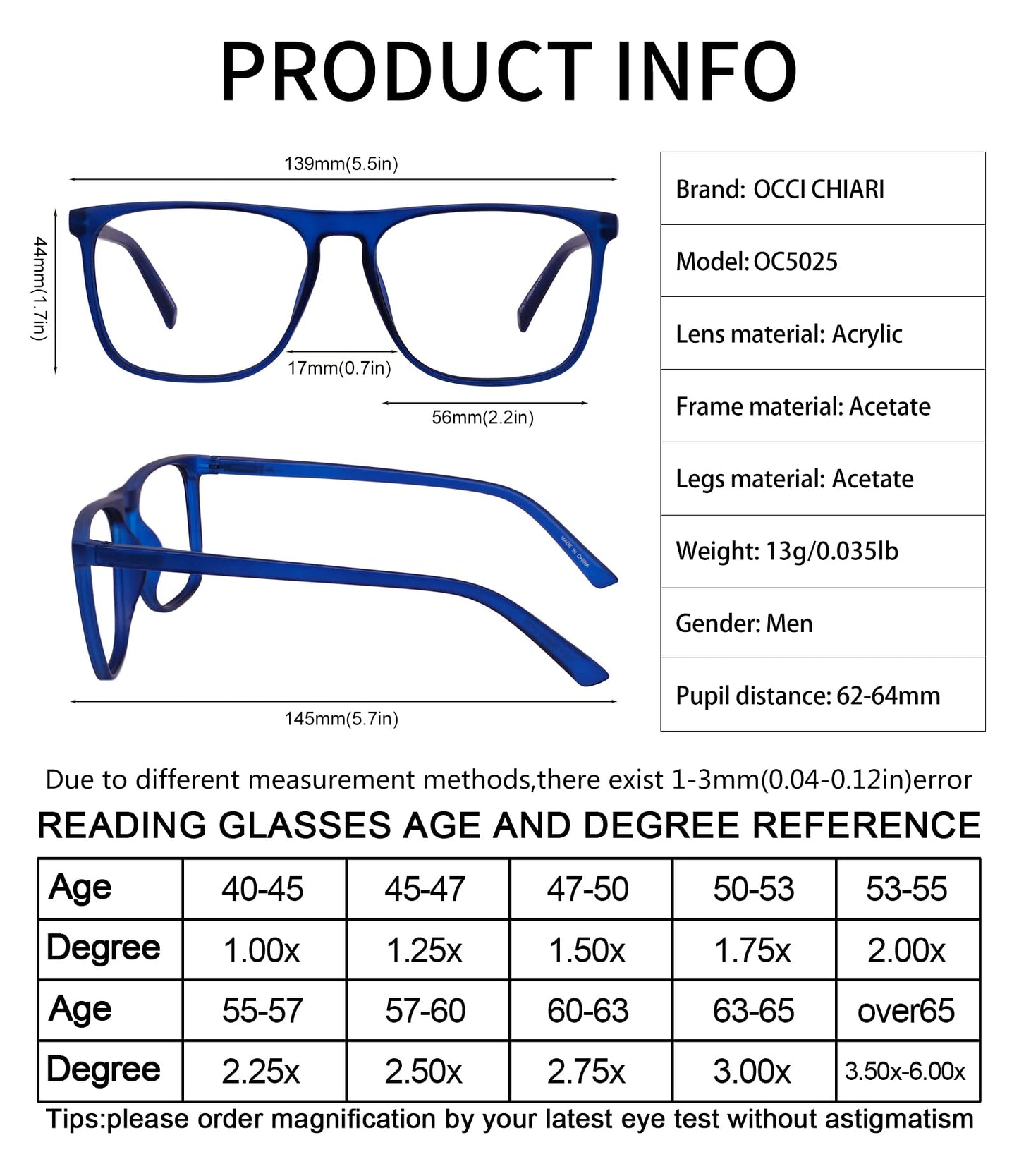 OCCI CHIARI Men's Oversized Fashion Reading Glasses Large Reader Oversized Frame OC5025