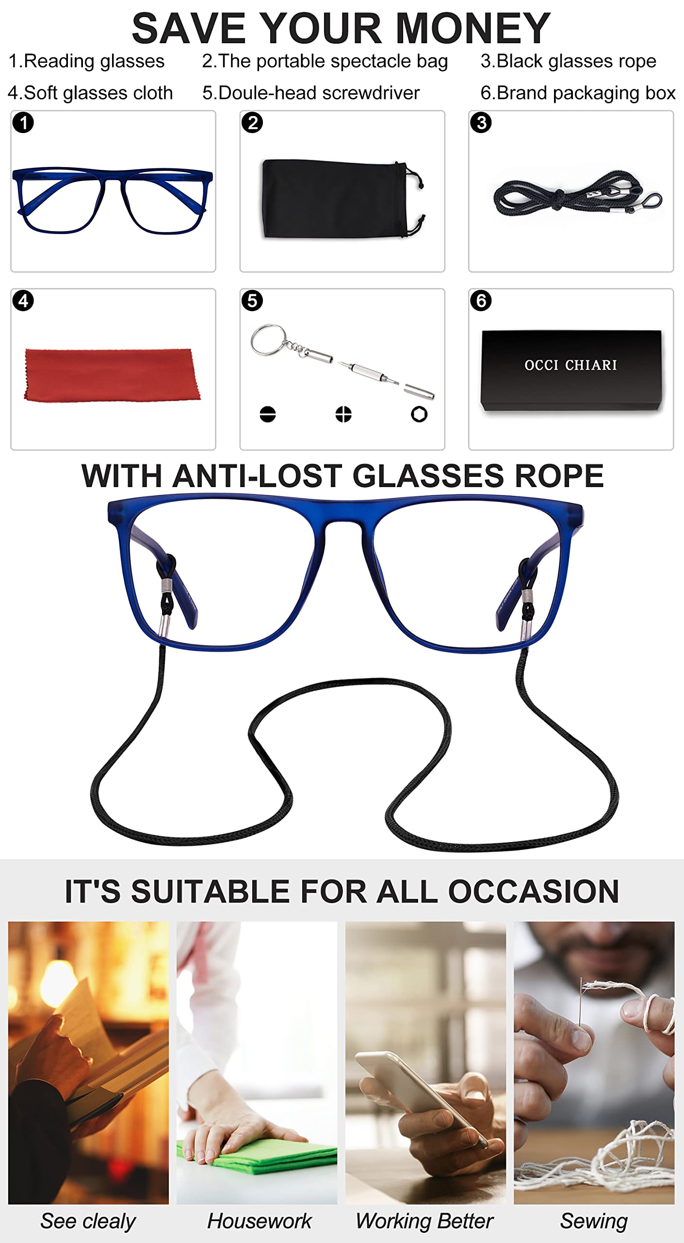 OCCI CHIARI Men's Oversized Fashion Reading Glasses Large Reader Oversized Frame OC5025
