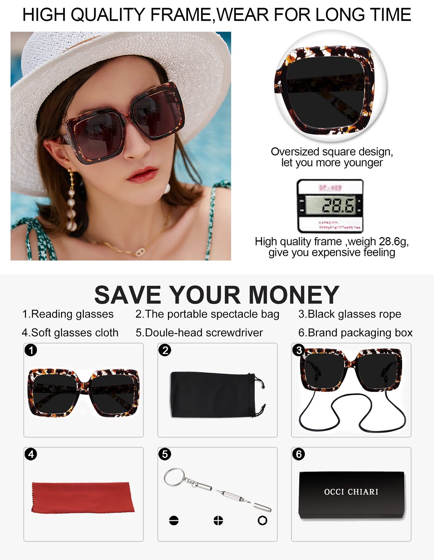 OCCI CHIARI Designer Reading Glasses For Women Large Sunglass Readers Transparent OC5113SR