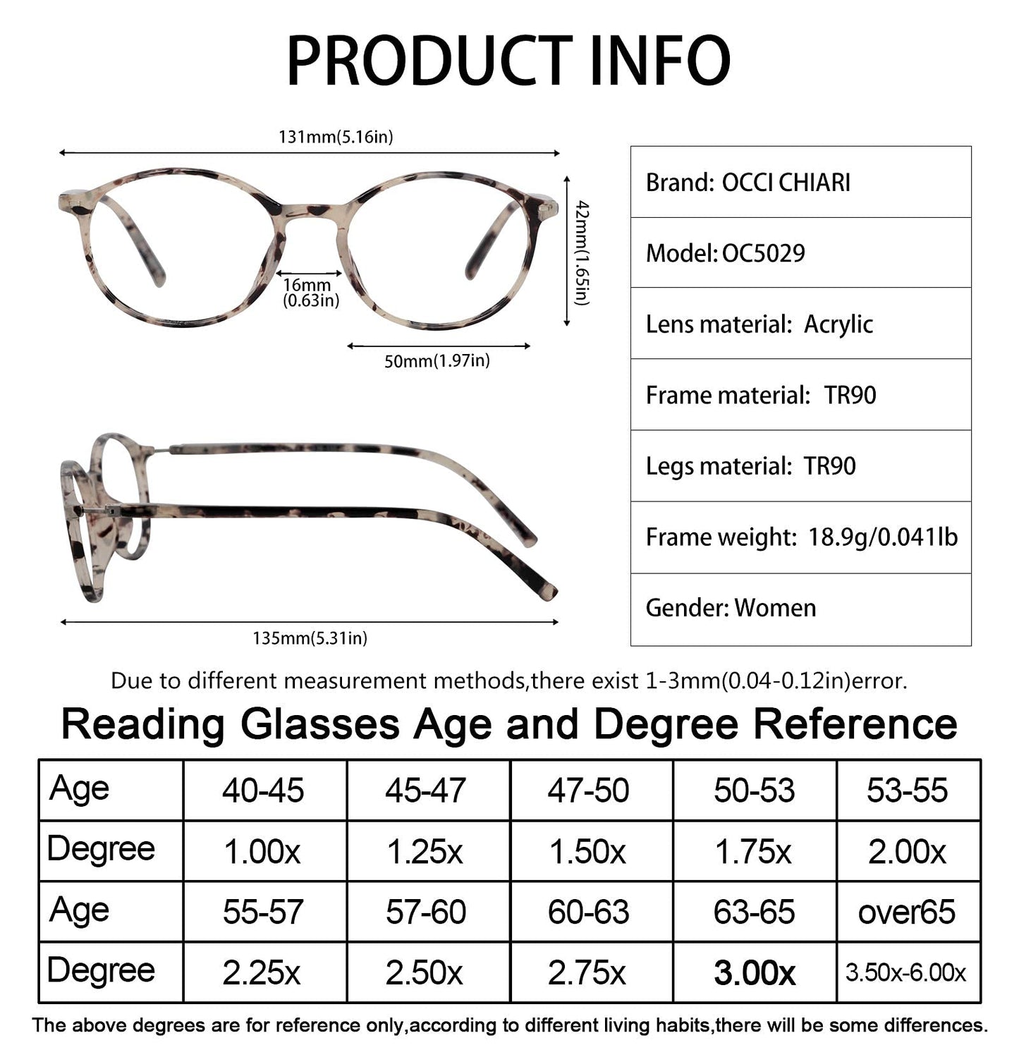 OCCI CHIARI Reading Glasses Women's Oval Reader Clear Frame OC5029