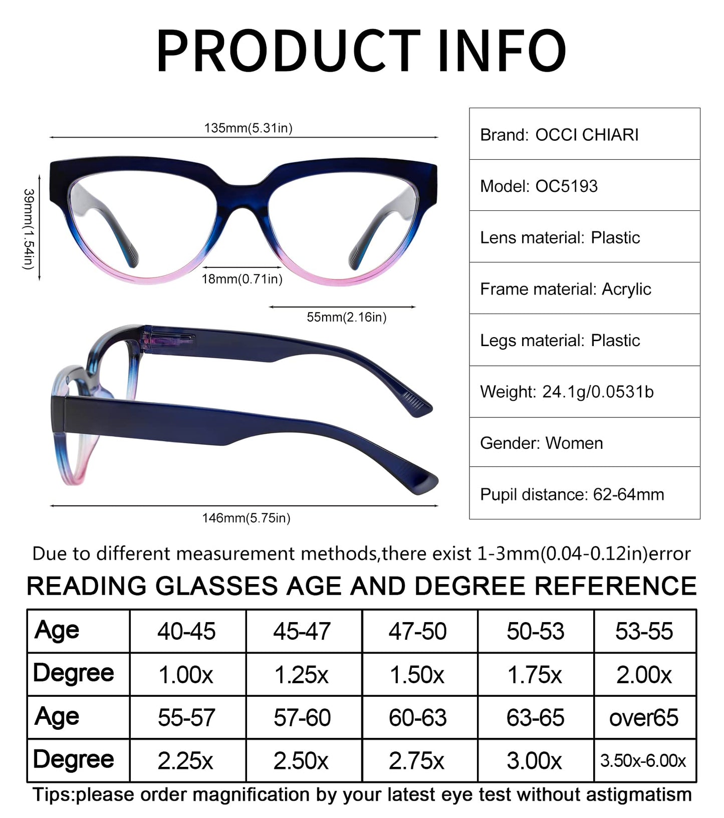 OCCI CHIARI Large Reading Glasses for Women Cateye Readers Large Frame OC5193