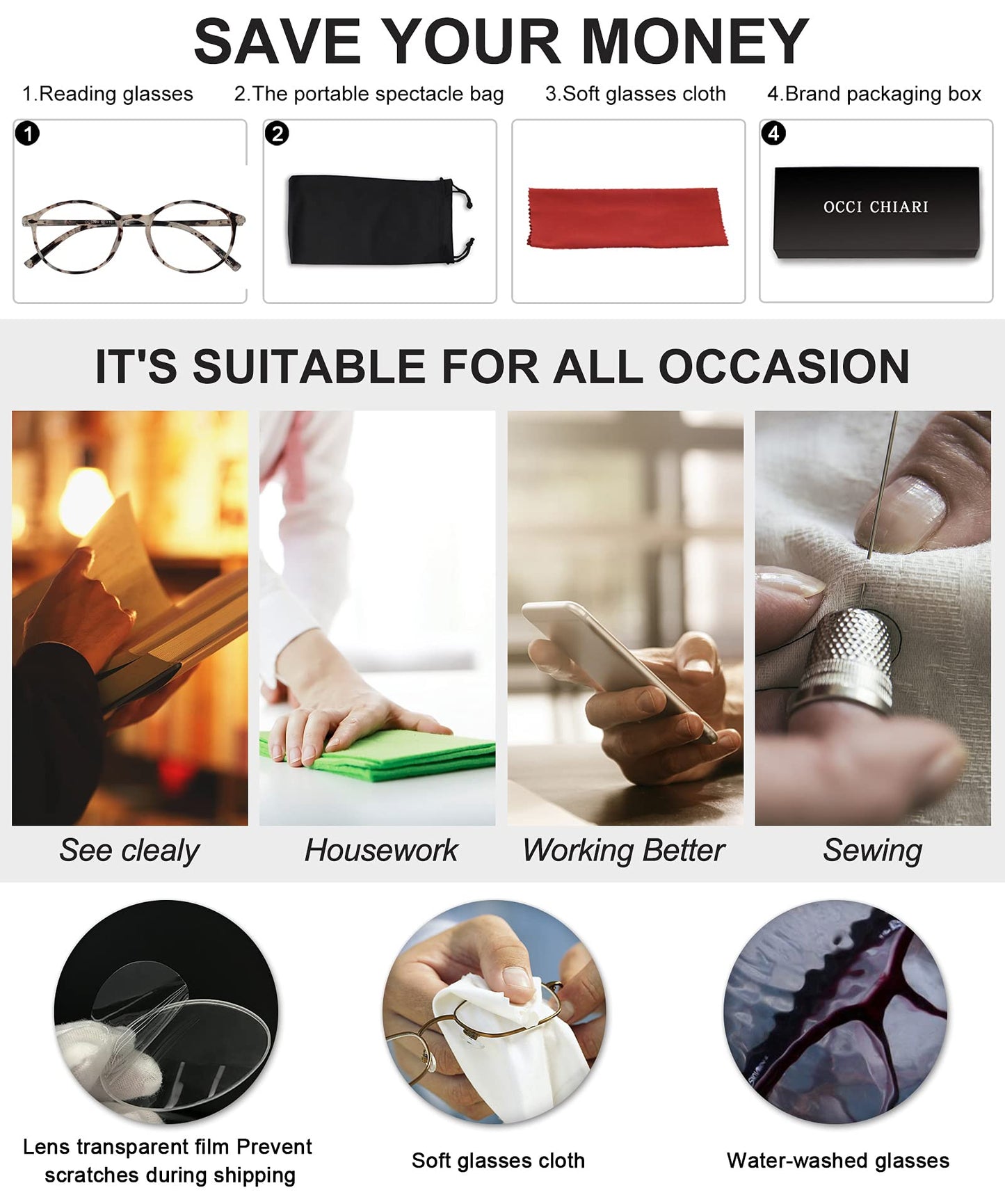 OCCI CHIARI Reading Glasses Women's Oval Reader Clear Frame OC5029