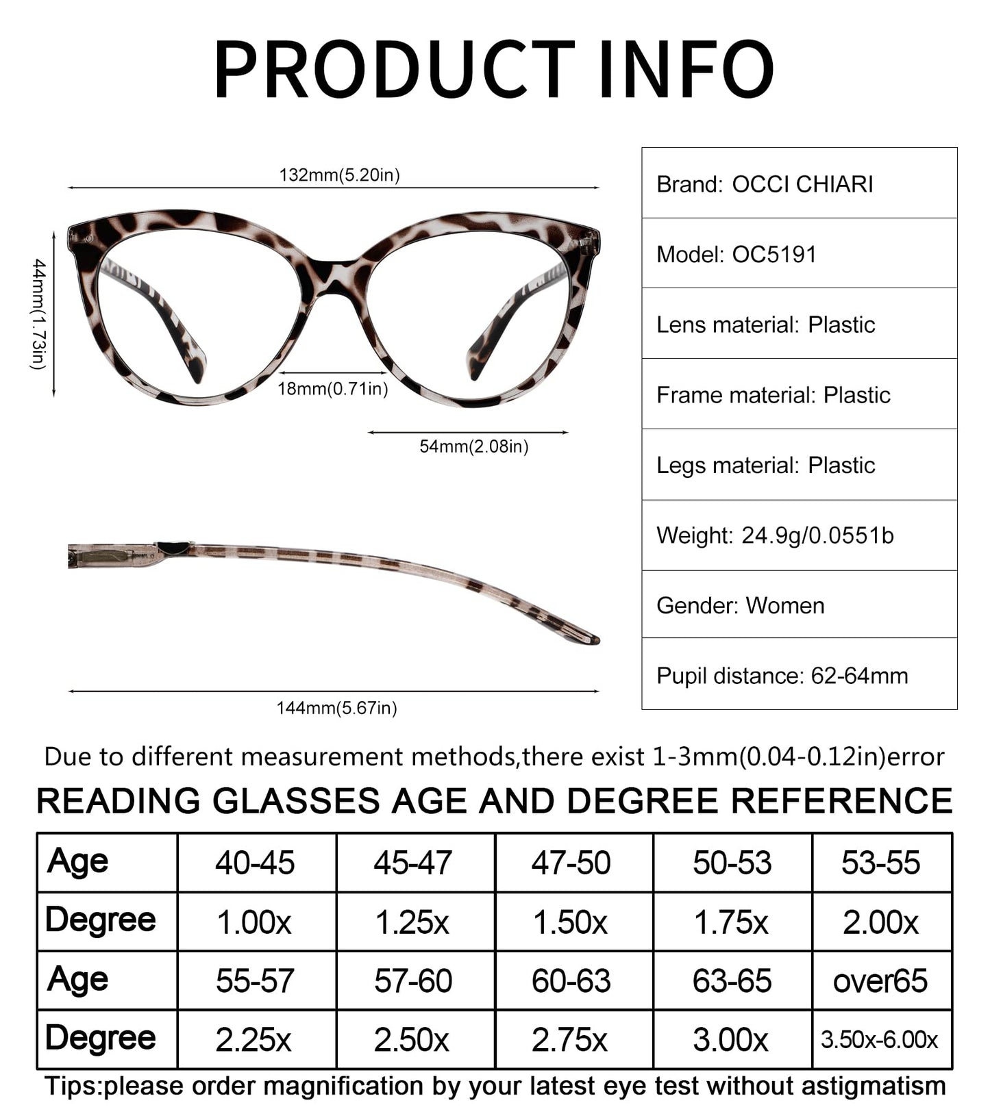 OCCI CHIARI Women's Readers Sturdy Reading Glasses with Metal Spring Hinge OC5191