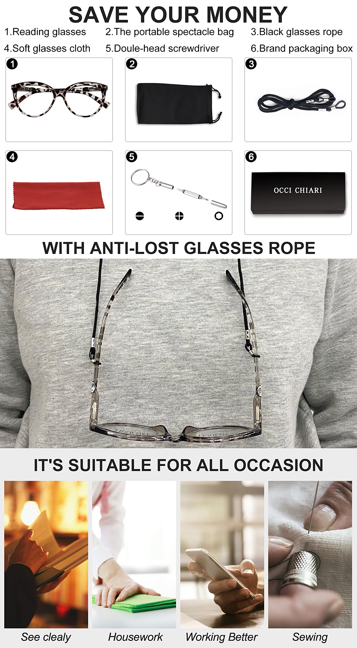 OCCI CHIARI Women's Readers Sturdy Reading Glasses with Metal Spring Hinge OC5191