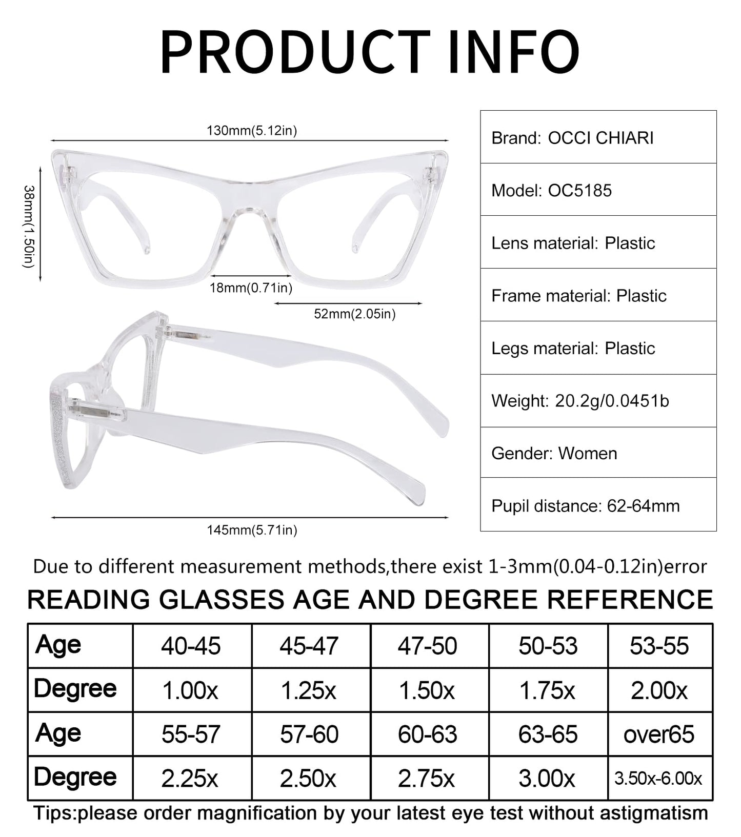 OCCI CHIARI Reading Glasses for Women Cat Eye Cute Reader Ladies Reader OC5185