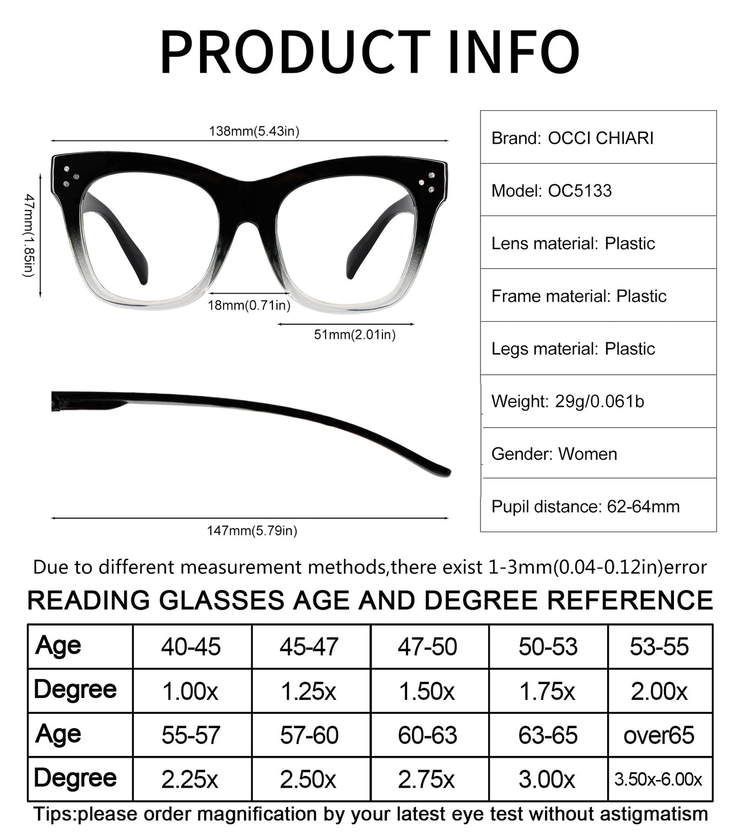OCCI CHIARI Women's Readers Sturdy Reading Glasses Oversized Reading Glasses For women OC5133