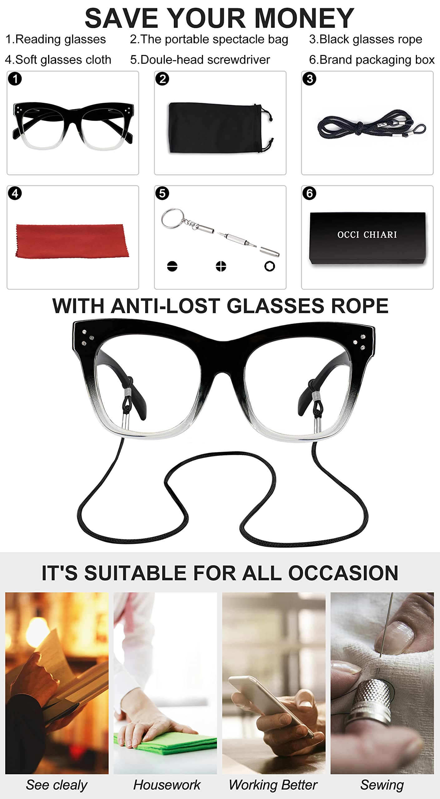 OCCI CHIARI Women's Readers Sturdy Reading Glasses Oversized Reading Glasses For women OC5133