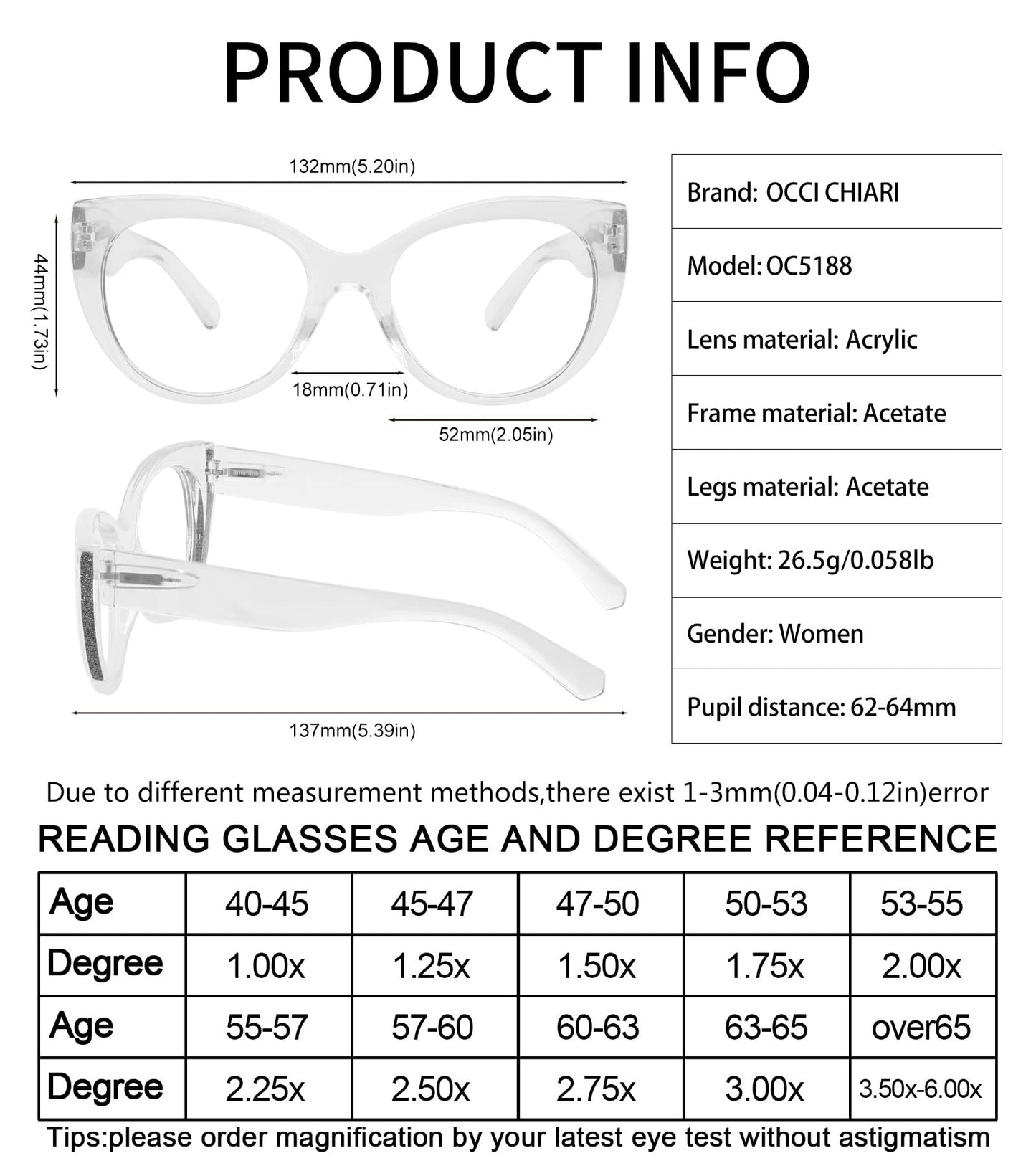 OCCI CHIARI Women's Stylish Reading Glasses  Oversized Readers For Women OC5188
