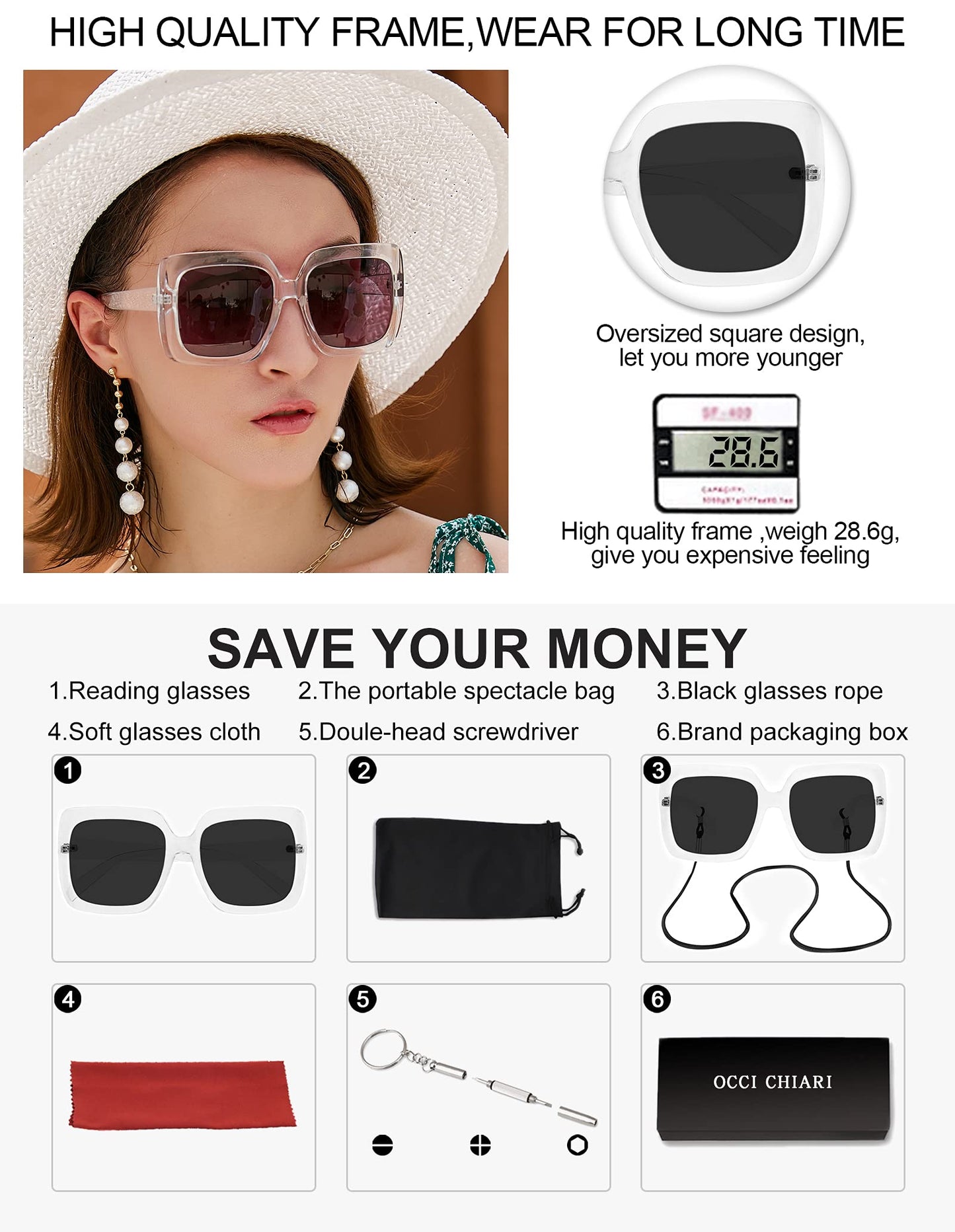 OCCI CHIARI Designer Reading Glasses For Women Large Sunglass Readers Transparent OC5113SR