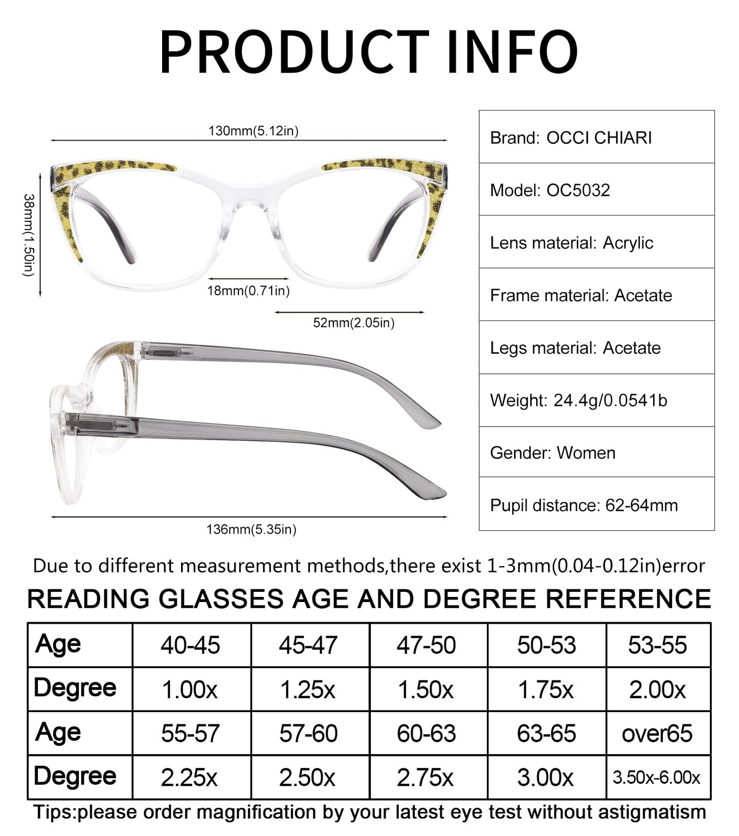 OCCI CHIARI Large Stylish Reading Glasses for Women Cateye Oversized Readers OC5032