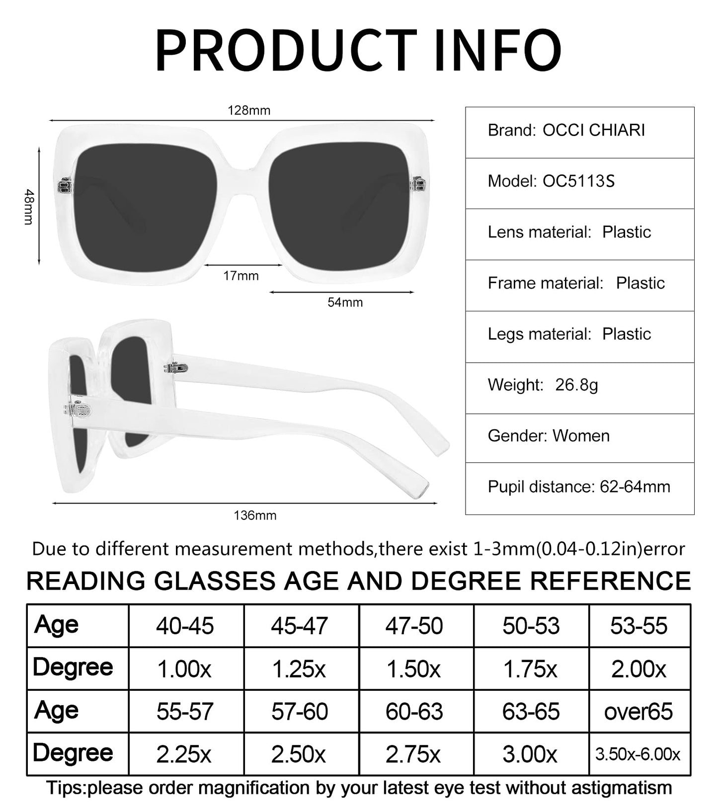 OCCI CHIARI Designer Reading Glasses For Women Large Sunglass Readers Transparent OC5113SR