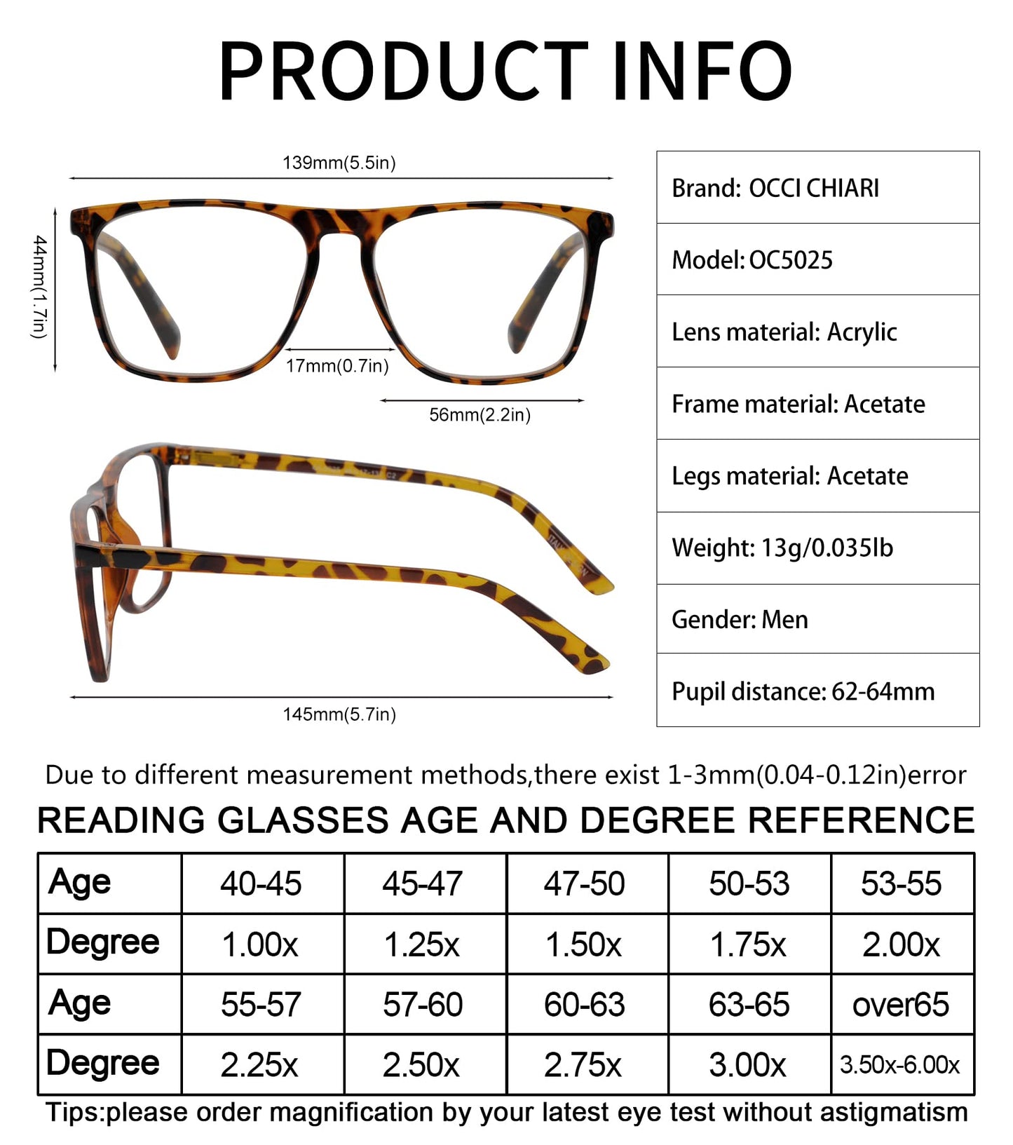 OCCI CHIARI Men's Oversized Fashion Reading Glasses Large Reader Oversized Frame OC5025