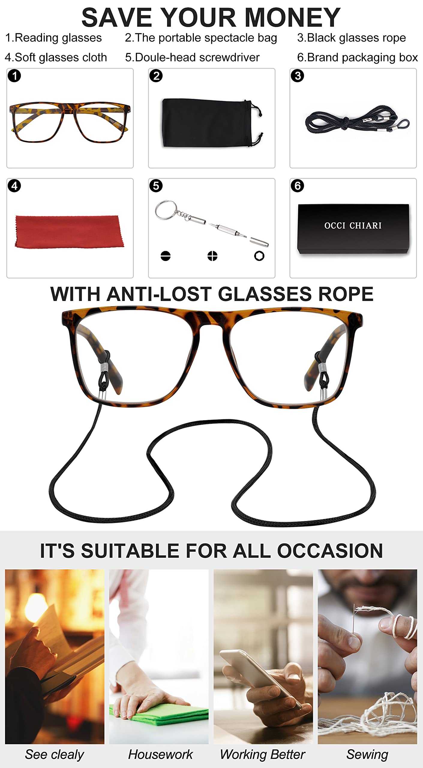 OCCI CHIARI Men's Oversized Fashion Reading Glasses Large Reader Oversized Frame OC5025